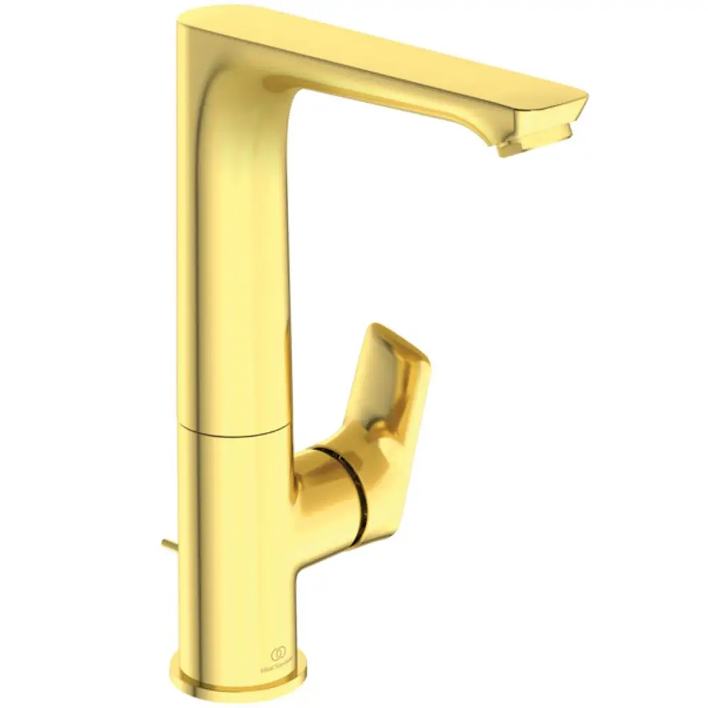 Goldfarbener Wasserhahn von Ideal Standard mit schwenkbarem Auslauf. Modernes Design, geeignet für Badezimmer oder Küche.
